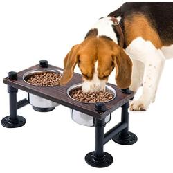 WELLAND Elevated Dog Bowls with 2 Stainless Steel Bowls, Farmhouse Style Dog Raised Bowls for Small or Medium Dogs, Dog Feeder with Solid Wood Board & Black Metal Legs, 15.7”W x 8”D x 6.7”H