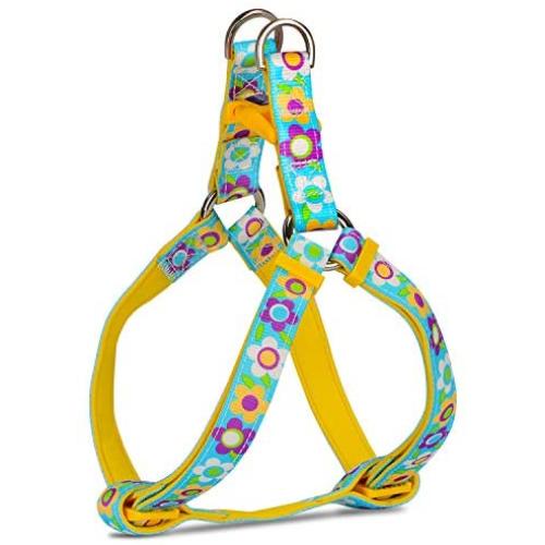 PETLOFT Dog Harness, Soft Texture Adjustable Dog Harness in Floral Print with Dual Stainless Steel Rings for Easy Leash Clip (M, Floral Blue)