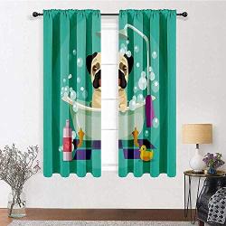 Living Room Curtains Sets 63 inch Length, Nursery Decor Drapes 72'' x 63'' - Pug Dog in Bathtub Grooming Doggy Puppy Salon Service Shampoo Rubber Duck Pets Cartoon Image, Teal