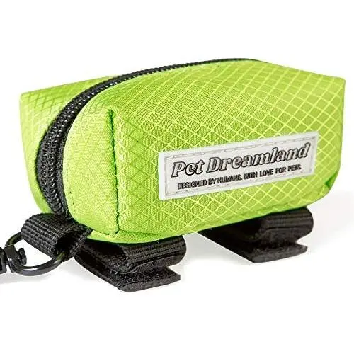 Pet Dreamland Dog Waste Bag Dispenser - Poop Bag Dispenser for Leash - Includes one Free Roll of Doggie Poop Bags - Zippered Pouch, Hook&Loop Straps and Carabiner Clip for Easy Carry (Green)