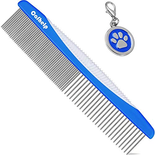 Cafhelp Dog Comb, Cat Comb with Rounded and Smooth Ends Stainless Steel Teeth and Non-Slip Grip Handle, Professional Dog Grooming Tools for Removes Tangles and Knots, Pet Comb for Dogs