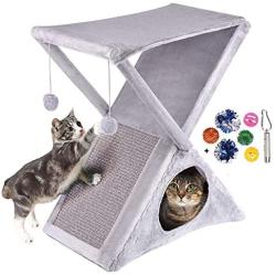 Ruff n Ruffus Foldable Cat Tower Tree + Free Bonus Handheld Chase Toy + 6 Cat Toys | Plush Folding House with Hammock | Condo | Scratching Pad | & Play Balls | for Kittens | Medium & Large Cats
