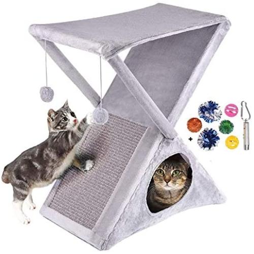 Ruff n Ruffus Foldable Cat Tower Tree + Free Bonus Handheld Chase Toy + 6 Cat Toys | Plush Folding House with Hammock | Condo | Scratching Pad | & Play Balls | for Kittens | Medium & Large Cats