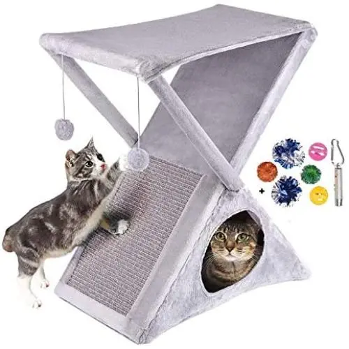Ruff n Ruffus Foldable Cat Tower Tree + Free Bonus Handheld Chase Toy + 6 Cat Toys | Plush Folding House with Hammock | Condo | Scratching Pad | & Play Balls | for Kittens | Medium & Large Cats Ruff n Ruffus Foldable Cat Tower Tree + Free Bonus Handheld Chase Toy + 6 Cat Toys | Plush Folding House with Hammock | Condo | Scratching Pad | & Play Balls | for Kittens | Medium & Large Cats