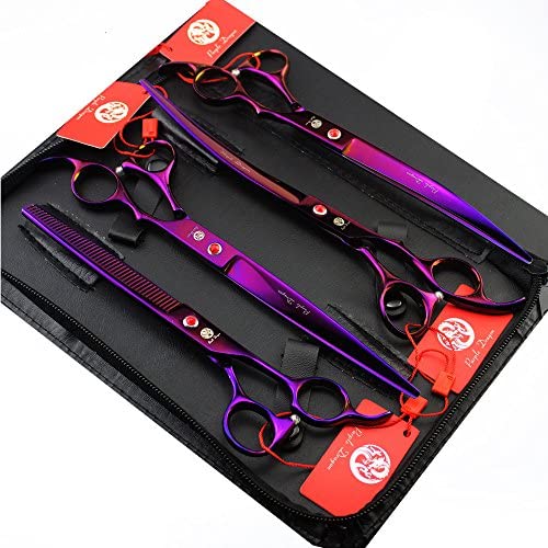 Purple Dragon 8.0 inch Professional Pet Grooming Scissors,Dog Straight Shear, Thinning/Blending Scissor & 2 PCS Curved Shear with Bag