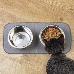 mDesign Premium Quality Microfiber Polyester Pet Food and Water Bowl Feeding Mat for Cats - Ultra Absorbent Reversible Placemat - Folds for Compact Storage - Small - Pewter Gray/Ivory