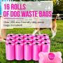 Augies Doggies Pets Poop Bags with Free Bone-Shaped Dispenser and Leash Clip, Eco-friendly, Leak-Proof Compostable Dog Waste Bag, Bulk Pack of 16 Rolls/20 bags per roll/ 320 bags (Pink)