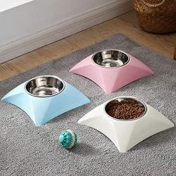ocijf179 Dog Food Bowl 400ml Pet Dog Cat Food Plastic Stainless Steel Non-Slip Wear-Resistant Bowl - Blue
