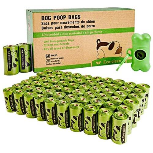 Eco-clean Dog Poop Bags, 60 Rolls / 900 Count Dog Waste Bags with Dispenser and Leash Clip, Unscented, Extra Thick and Strong Poop Bags for Dogs
