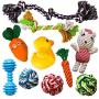 AMZpets 10 Dog Toys for Small Dogs and Puppies. Squeaky Toys | Rope Toys | Plush Games | Chewing Ropes | Balls | Rubber Bone | Carry Bag. Variety Playing Toys Set for Toss and Tug Play.