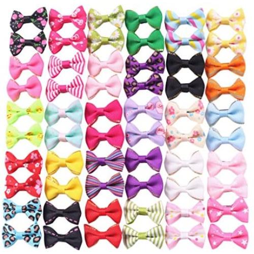 YAKA 60PCS (30 Paris) Cute Puppy Dog Small Bowknot Hair Bows with Rubber Bands (or Clips) Handmade Hair Accessories Bow Pet Grooming Products (60 Pcs,Cute Patterns)