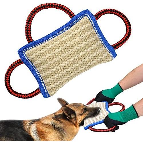 PET ARTIST 3 Handles Jute Bite Pillow 9.5'' 6.5''-Linen Tug Toy for Young Dogs