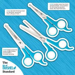 BOSHEL Dog Grooming Scissors Set - 3 Dog Grooming Shears - Safe Rounded Tips - 1 Large Straight Dog Scissors - 1 Micro-serrated Scissors For Trimming Face, Ear, Nose & Paws & 1 Dog Thinning Shears