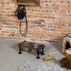 MyGift Rustic Wood and Industrial Metal Double Pet Dog Cat Feeder with Stand