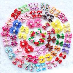 Yagopet 50pcs/Pack Cute New Dog Hair Bows Pairs Rhinestone Pearls Flowers Topknot Mix Styles Dog Bows Pet Grooming Products Mix Colors Pet Hair Bows Topknot Rubber Bands