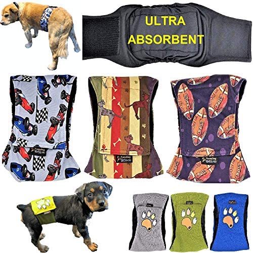 FunnyDogClothes Pack of 3 Male Dog Diapers 4 - Layers of Absorbent Pads Waterproof Leak Proof Belly Band Wrap Washable (M: Waist 12'' - 16'', Patterned)