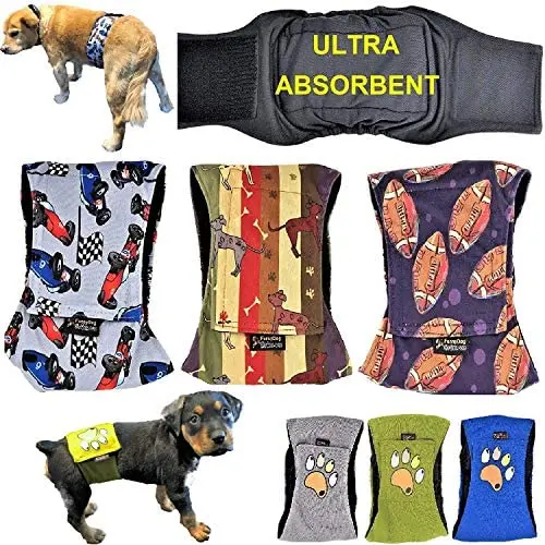 FunnyDogClothes Pack of 3 Male Dog Diapers 4 - Layers of Absorbent Pads Waterproof Leak Proof Belly Band Wrap Washable (M: Waist 12'' - 16'', Patterned)