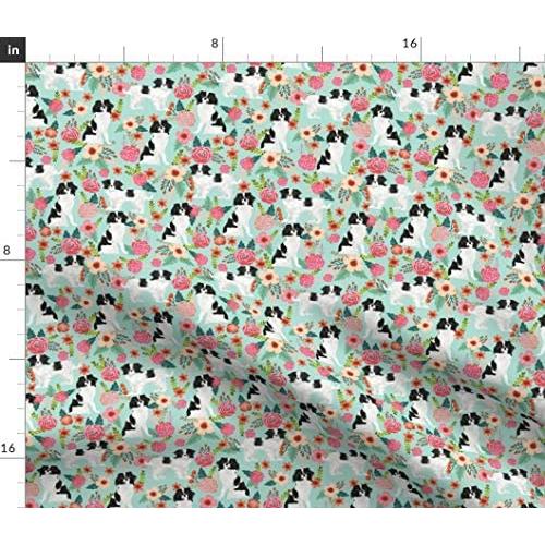 Spoonflower Fabric - Japanese Dogs Spaniel Cute Florals Mint Flowers Toy Breeds Pet Printed on Sport Lycra Fabric by The Yard - Swimwear Performance Leggings Apparel Fashion
