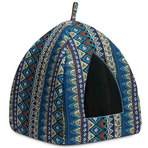 Hollypet Self-Warming 2 in 1 Foldable Comfortable Triangle Cat Bed Tent House, Navy Blue