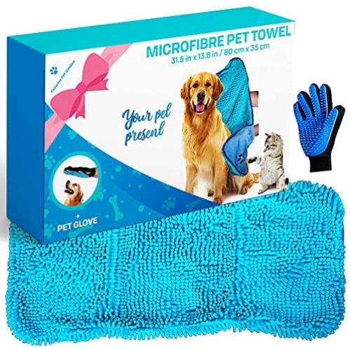 Microfibre Dog Drying Towel Chenille, Absorbent Quick Pet Drying Bundle with Pet Glove for Easy Hair Combing, Machine Washable Pet bathrobe for Puppy Cats 80x35cm Blue Kitchen Shammy Beach Small Large