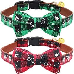 KUDES 2 Pack/Set Christmas Snowflake Dog Collars, Adjutable Dog Collars with Bow Tie and Bells for Small/Medium/Large Pets, Red & Green