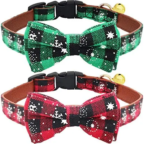 KUDES 2 Pack/Set Christmas Snowflake Dog Collars, Adjutable Dog Collars with Bow Tie and Bells for Small/Medium/Large Pets, Red & Green KUDES 2 Pack/Set Christmas Snowflake Dog Collars, Adjutable Dog Collars with Bow Tie and Bells for Small/Medium/Large Pets, Red & Green