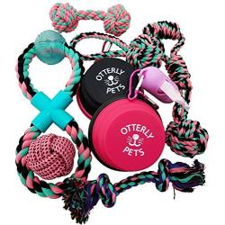 Otterly Pets Puppy Dog Cute Pink Boutique Rope Toys and Silicone Bowl Set Bundle for Small to Medium Breed Girl Dogs (9-Pack)