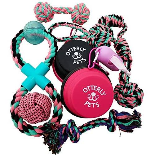 Otterly Pets Puppy Dog Cute Pink Boutique Rope Toys and Silicone Bowl Set Bundle for Small to Medium Breed Girl Dogs (9-Pack)