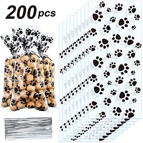 Blulu Pet Paw Print Cone Cellophane Bags Heat Sealable Treat Candy Bags Dog Gift Bags Cat Treat Bags with 200 Pieces Silver Twist Ties for Pet Treat Party Favor (200 Pieces)