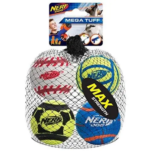 Nerf Dog Sports Ball Dog Toys, Lightweight, Durable and Water Resistant, 2.5 Inches, for Small/Medium/Large Breeds, Four Pack, Mixed Colors, Model:3372 Nerf Dog Sports Ball Dog Toys, Lightweight, Durable and Water Resistant, 2.5 Inches, for Small/Medium/Large Breeds, Four Pack, Mixed Colors, Model:3372