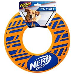 Nerf Dog Force Grip Flyer Dog Toy, Frisbee, Lightweight, Durable and Water Resistant, Great for Beach and Pool, 10 inch Diameter, for Medium/Large Breeds, Single Unit, Orange/Blue