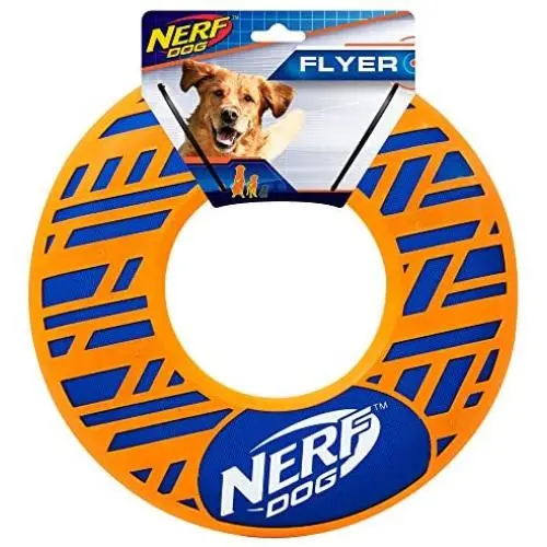 Nerf Dog Force Grip Flyer Dog Toy, Frisbee, Lightweight, Durable and Water Resistant, Great for Beach and Pool, 10 inch Diameter, for Medium/Large Breeds, Single Unit, Orange/Blue