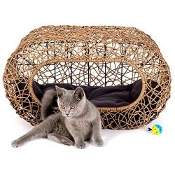 Fun Stackable Wicker Cat Hideaway House - Interactive Play Rattan Cat House for Indoor Cats Kitty, Pet Friendly Top/Side House Entry, Cat Bed Enclosed