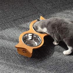 SAsagi Bamboo Porcelain Double Cat Bowl,Dog Cat Food Water Container Premium Double Feeder for Cats Dogs Pets