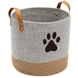 Geyecete Cotton Rope Basket with Leather Handle Dog Cotton Rope for Dogs Laundry Basket Storage Bin Dog bin Storage Bins-Natural Woven Basket