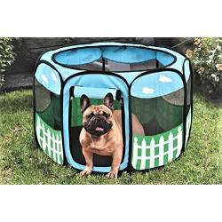 Pet Portable Foldable Play Pen Exercise Kennel Dogs Cats Indoor/outdoor tent for small medium large pets Animal Playpen with Pop up mesh cover great for travel LARGE,BLUE/GREEN