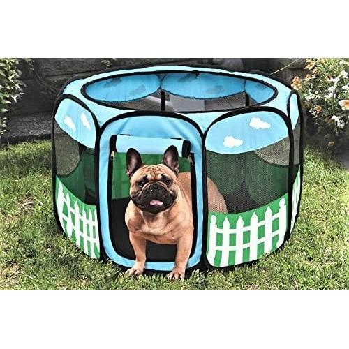 Pet Portable Foldable Play Pen Exercise Kennel Dogs Cats Indoor/outdoor tent for small medium large pets Animal Playpen with Pop up mesh cover great for travel LARGE,BLUE/GREEN