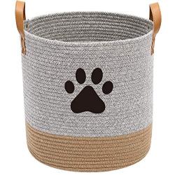 Geyecete Cotton Rope Basket with Leather Handle Dog Cotton Rope for Dogs Laundry Basket Storage Bin Dog bin Storage Bins-Natural Woven Basket
