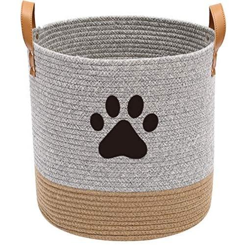 Geyecete Cotton Rope Basket with Leather Handle Dog Cotton Rope for Dogs Laundry Basket Storage Bin Dog bin Storage Bins-Natural Woven Basket