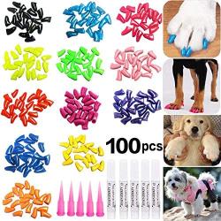 JOYJULY 100pcs Dog Nail Caps Soft Claw Covers Nail Caps for Pet Dog Pup Puppy Paws Home Kit, 5 Random, with Glue, Tips and Instruction