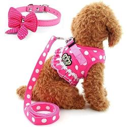 Cute Small Dog Harness, Ladies Polka Dots Dog Vest Harness Set with Pink Leash and Bowknot Collar, 3 in 1 Girl Style Vest Harness Set for Puppy and Cat (L, Pink)