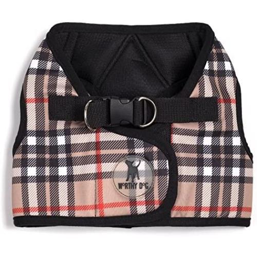 The Worthy Dog Step-in Sidekick Plaid Pattern Harness with Padded Mesh Velcro Adjustable, Outdoor, Easy Walk Vest for Dogs-Tan