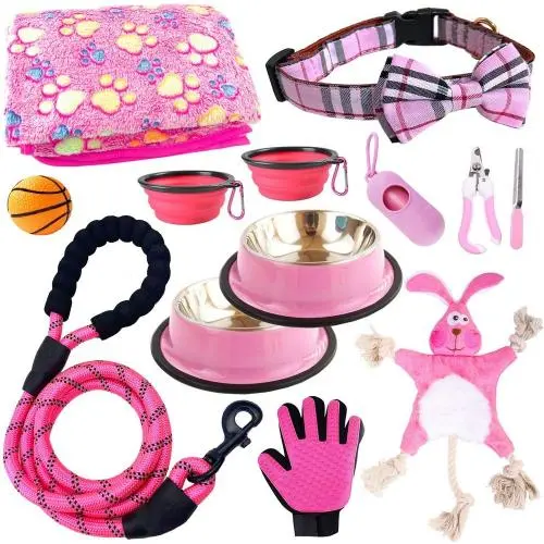 12pcs Pink Puppy Starter Kit /Dog Collar /Leash /Blanket/ Feeding Bowls/Squeak Toys/ Grooming Glove /All The Basics for A New Furry Addition to Your Home Christmas Birthday Gift