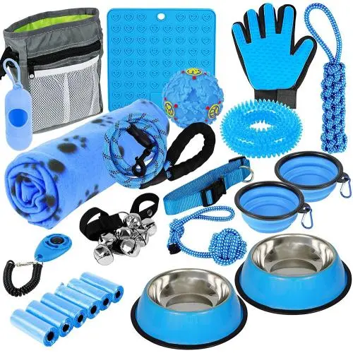 Puppy Starter Kit - Puppy Supplies, Accessories. 23 pc Kit for Puppies has Feeding Bowls, Lick Mat, Training Aids, Leash, Collar, Toys, Potty Training Bells & More for New Girl Puppies