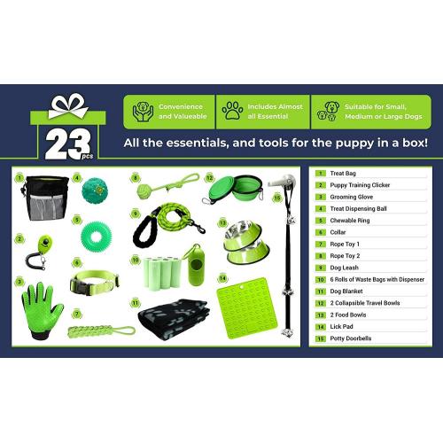 Puppy Starter Kit - Puppy Supplies, Accessories. 23 pc Kit for Puppies has Feeding Bowls, Lick Mat, Training Aids, Leash, Collar, Toys, Potty Training Bells & More for New Girl Puppies