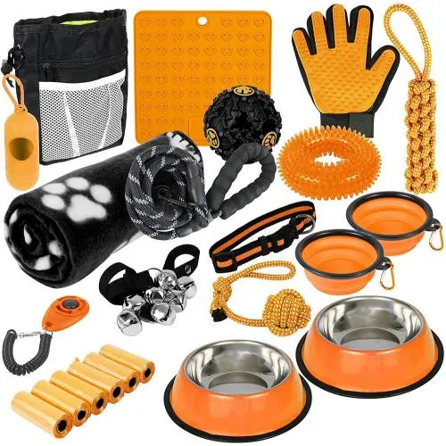 Puppy Starter Kit - Puppy Supplies, Accessories. 23 pc Kit for Puppies has Feeding Bowls, Lick Mat, Training Aids, Leash, Collar, Toys, Potty Training Bells & More for New Girl Puppies