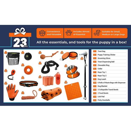 Puppy Starter Kit - Puppy Supplies, Accessories. 23 pc Kit for Puppies has Feeding Bowls, Lick Mat, Training Aids, Leash, Collar, Toys, Potty Training Bells & More for New Girl Puppies