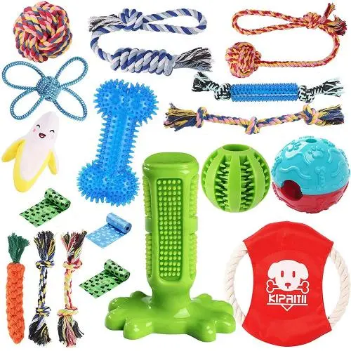 KIPRITII Dog Chew Toys for Puppy - 18 Pack Puppies Teething Chew Toys for Boredom, Pet Dog Chew Toys with Rope Toys, Dog Squeaky Toy for Puppy and Small Dogs