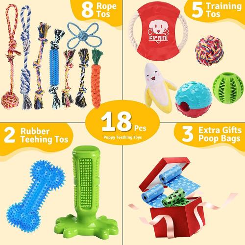 KIPRITII Dog Chew Toys for Puppy - 18 Pack Puppies Teething Chew Toys for Boredom, Pet Dog Chew Toys with Rope Toys, Dog Squeaky Toy for Puppy and Small Dogs