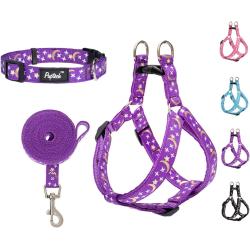 PUPTECK Luminous Dog Harness Collar Leash Set Glow in The Dark- 3 Pieces Adjustable for Small Puppy Medium Doggie Daily Walking Running and Training with Star and Moon Pattern